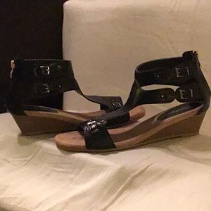 NWOT in Box Black Wedge Ankle Sandals
